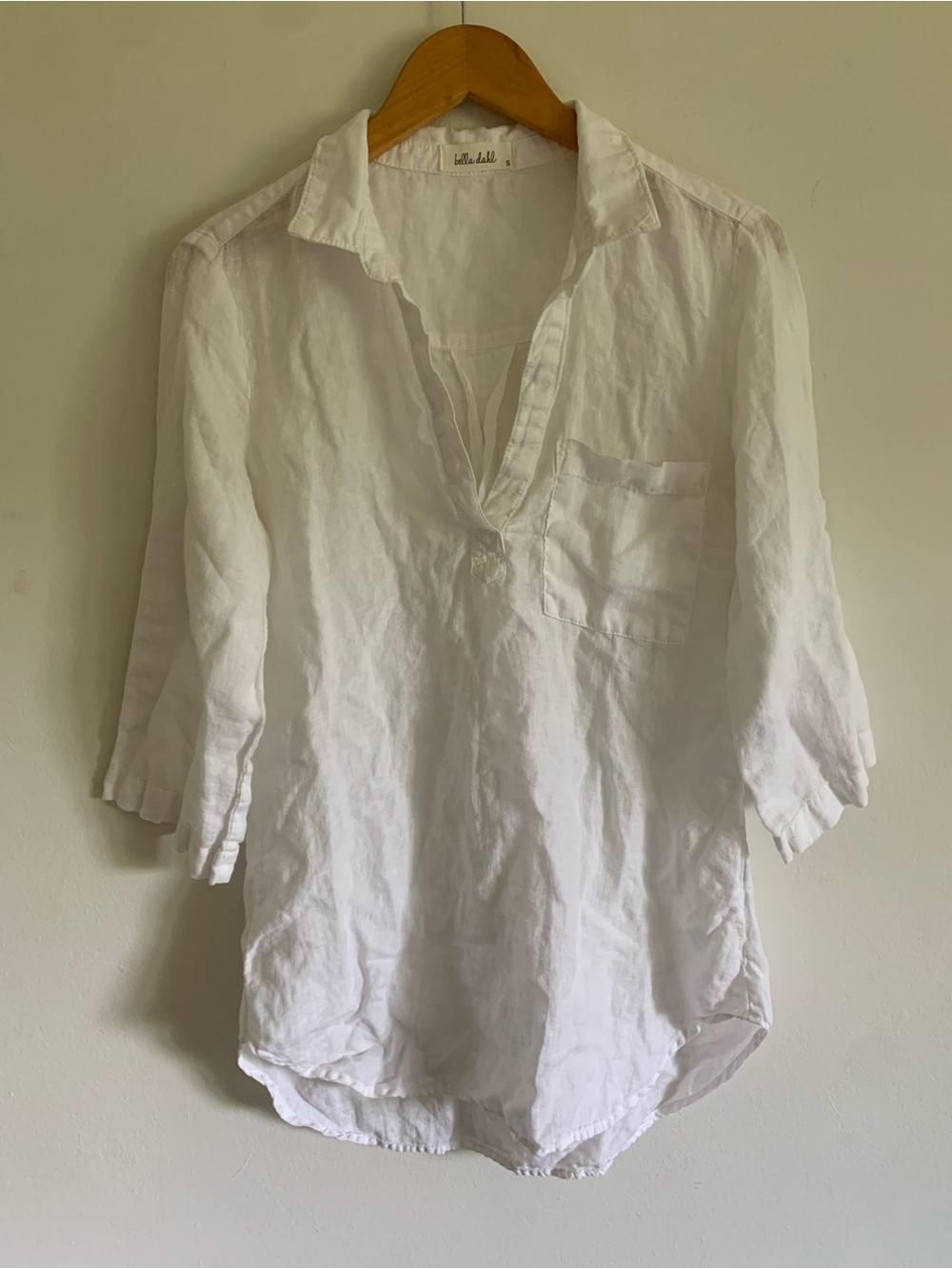 Bella Dahl White Linen Collared Popover Tunic, Roll-Tab Sleeves, Small